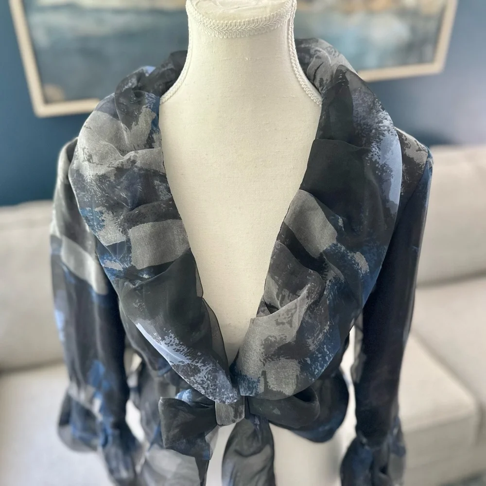 Samuel Dong 100% Silk Organza Crop Bolero Jacket, Blue/Black/Gray Print, Sz S - Picture 2 of 12